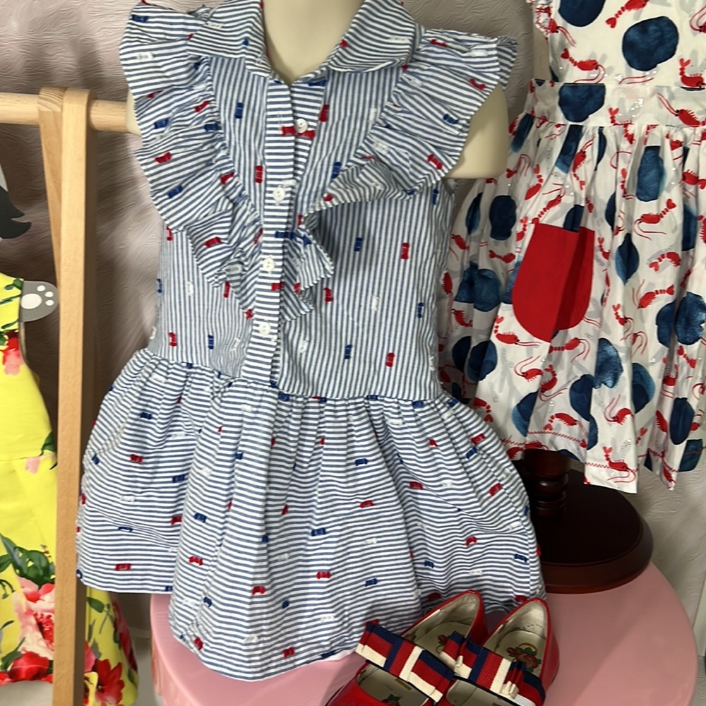 Blue stripes and white dress